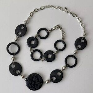KENNETH COLE Necklace Bracelet Lucite Acrylic Bead Link Set Black Silver EUC